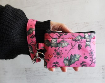 Pink bats and flowers print ID holder, mini wristlet wallet - zippered pouch wrist lanyard