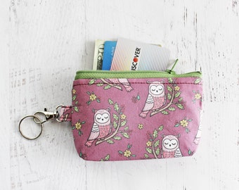 Sleepy owl print keyring zipper pouch ID holder - cute gifts under 15