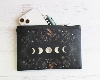 Goblincore moon phases makeup bag - large black zipper pouch - witchy aesthetic