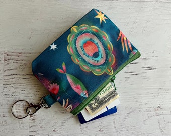 Esoteric teal keyring small zipper pouch ID holder - gift ideas under 15