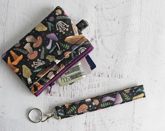 Midnight mushrooms print badge holder zipper pouch - mini wristlet wallet purse - wrist lanyard bag