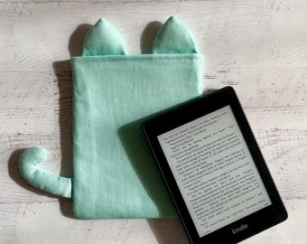 Handmade Mint Green Cat Kindle Sleeve, Canvas Fabric Cover