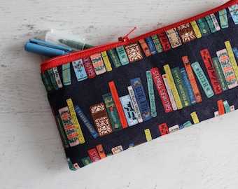 Book lovers gifts - blue pen and pencil bag - book print zipper pouch - book bag