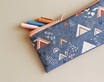 Bohemian mountains - blue pen and pencil pouch - journal accessories bag