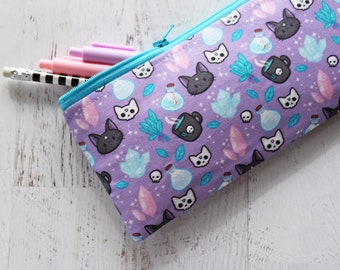 Cute witchy purple kitty cat zipper pouch - pen and pencil bag - pastel goth accessories