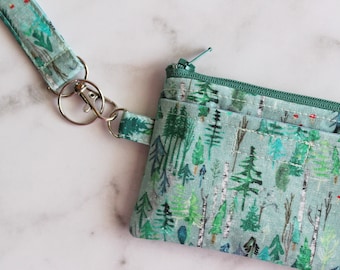 Woodland trees small wristlet wallet / ID holder case - green zipper pouch - nature lovers gift