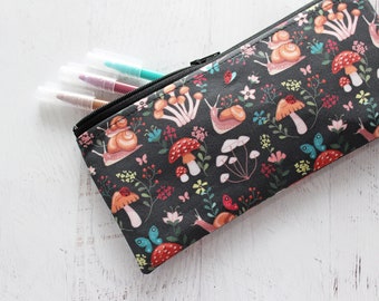 Snails and mushrooms long black zipper pouch - goblincore journal accessories - black floral bag