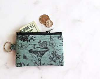 Witchy accessories - snails and mushrooms tiny change purse, small zipper pouch, keyring bag