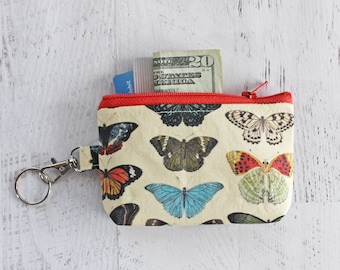 Vintage butterfly print small key ring zipper pouch