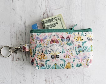 Small work ID badge holder key ring bag - woodland moth print zipper pouch with lobster clasp