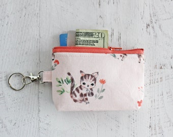 Vintage kitty cat print zipper pouch - keyring change purse - work badge holder for keys