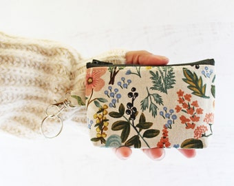 Rifle paper co floral canvas fabric print key ring bag - small ID holder zipper pouch - gifts for her under 15