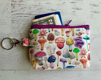 Colorful mushrooms keyring bag - nature lover gift ideas under 15 - small ID holder zipper pouch