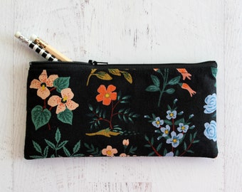 Black canvas floral pen and pencil pouch - great gifts for teachers - flower print zipper pouch - black canvas bag