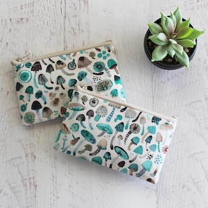Watercolor mushroom small zipper pouch, cute mushroom bag / change purse