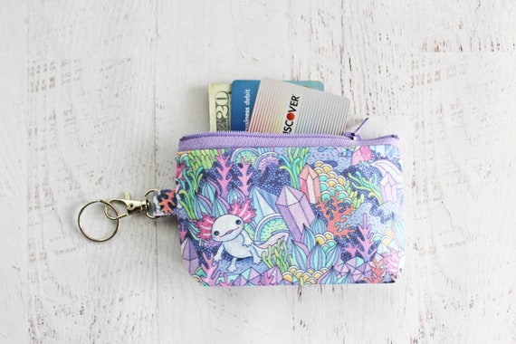Axolotl Zipper Pouch, Pastel Print Keyring Wallet, Handmade