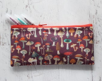 Colorful mushrooms print long zipper pouch - crochet hook holder bag - cute journal accessories