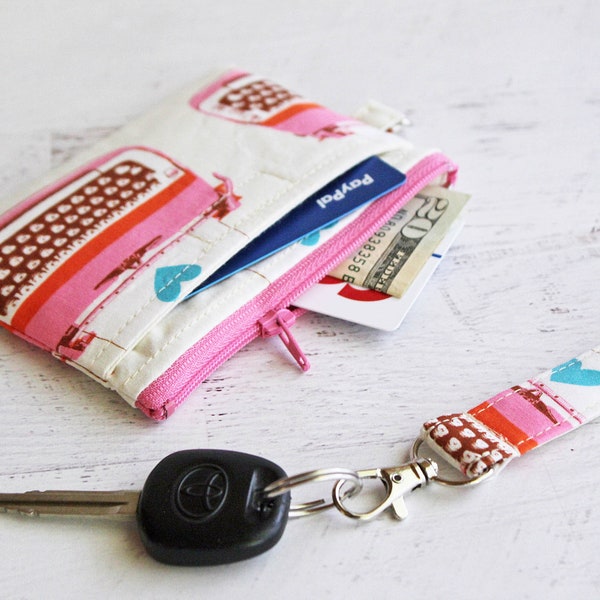 Vintage pink typewriter print bag, small women's wallet, zipper pouch and key fob gift set under 25, cute retro ID holder case