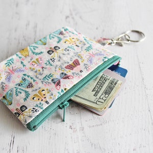 Small work ID badge holder key ring bag woodland moth print zipper pouch with lobster clasp image 7