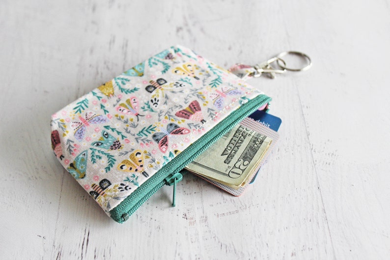 Small work ID badge holder key ring bag woodland moth print zipper pouch with lobster clasp image 7