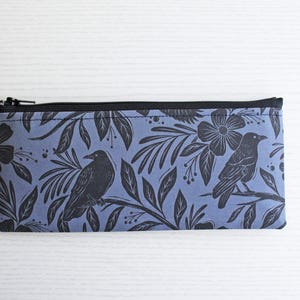Floral Raven Pen and Pencil Pouch - Handmade Cotton Zipper Bag 画像 5
