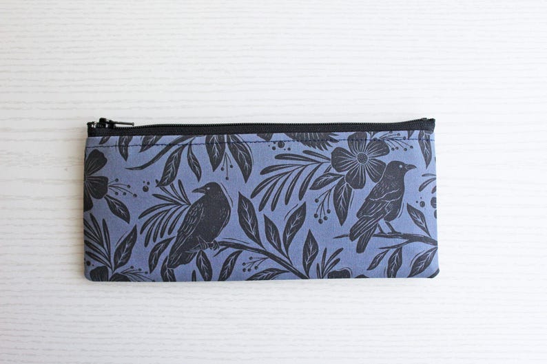 Floral Raven Pen and Pencil Pouch - Handmade Cotton Zipper Bag 画像 5