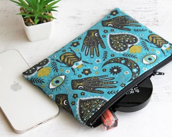 Mystic large zipper pouch - teal mythical moon makeup bag - gifts for her under 25