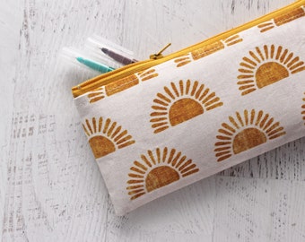 Boho sun print pen or pencil bag - long zippered pouch - journal and planner accessories bag