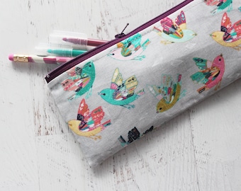 Birds on grey pen and pencil zipper pouch - colorful birds bag - crochet hook organizer bag