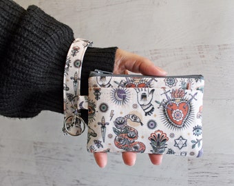 Tattoo flash print ID holder, mini wristlet wallet, tattoo zippered pouch,  wrist lanyard bag