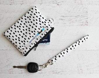 Minimalist wallet, black and white ID holder, mini wristlet wallet