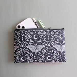 Witchy accessories - lunar moth makeup bag - large zipper pouch - black small handbag