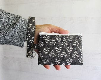Minimalist black ID holder women's mini wristlet wallet - detachable wrist strap - gifts for her under 25