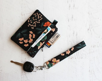 Gift ideas for her,  Rifle paper co Flora canvas ID holder, mini wristlet wallet, black floral bag