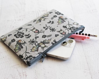 Goblin core accessories - bats and flowers on grey large zipper pouch / makeup bag