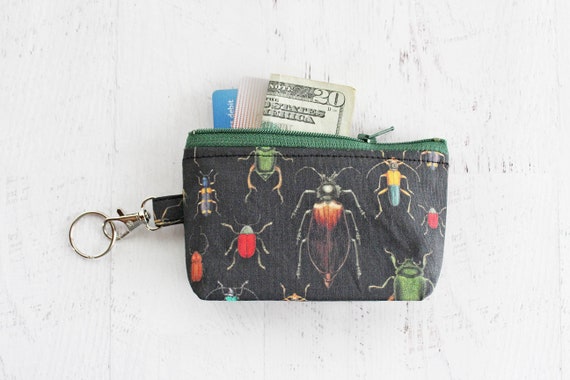 Insect Print Keyring Pouch: Handmade Cotton Zipper Bag, Black ID Holder, Bug Change Purse