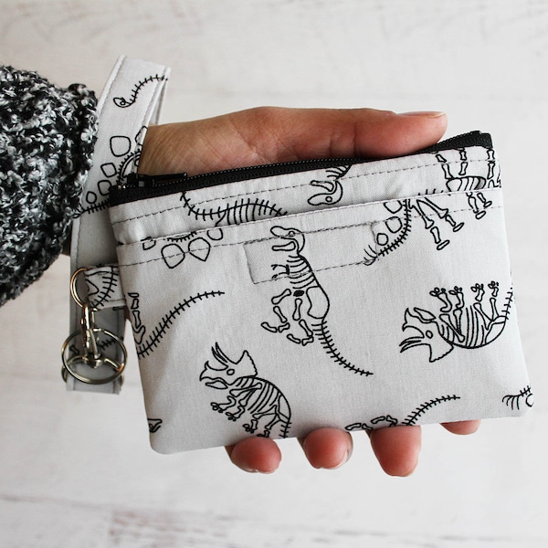 Dinosaurs print small fabric ID holder / mini wristlet wallet / fossils mini wristlet wallet