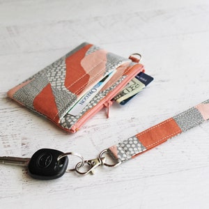 gray and coral wallet - small wristlet - gifts for her - zippered pouch with strap - key fob gift sets - ID case - travel gear