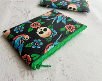 Tattoo skulls pouch, swallows bag,  black zipper pouch,  ID case holder