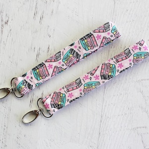 Book lovers fabric key fob, wristlet key chain lanyard