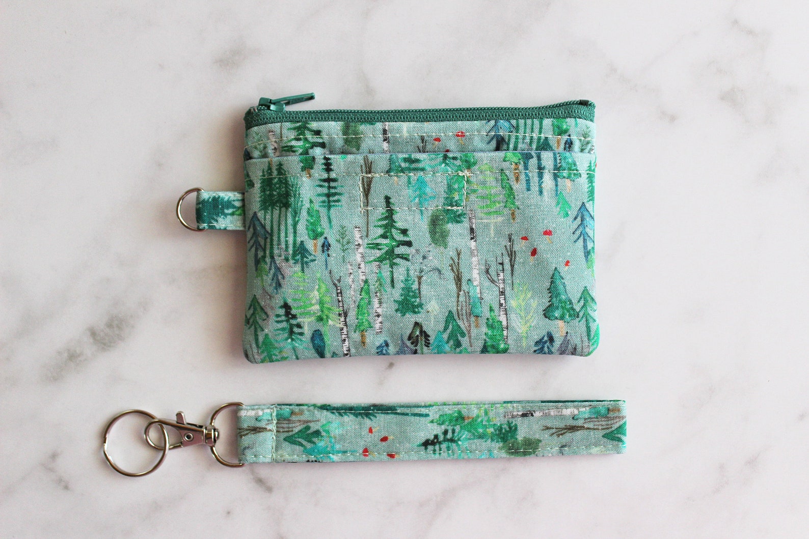 Woodland Trees Small Wristlet Wallet / ID Holder Case - Green Zipper ...