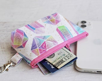 Small key ring zipper pouch, healing crystal bag, cute gifts for her under 15