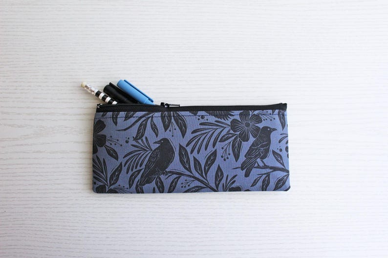 Floral Raven Pen and Pencil Pouch - Handmade Cotton Zipper Bag 画像 7