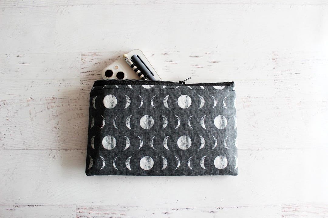 Moon Phases Large Zipper Pouch, Witchy Accessories, Black Makeup Bag ...