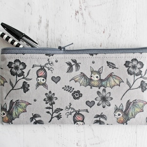 Bats and flowers pen and pencil zipper pouch - journaling accessories organizer bag