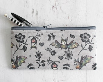 Bats and flowers pen and pencil zipper pouch - journaling accessories organizer bag