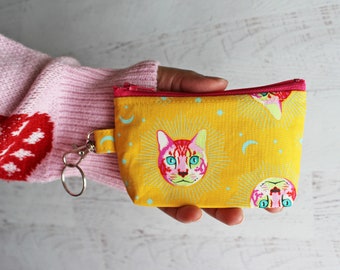 Kitty cat y2k aesthetic bag - small yellow zipper pouch - cat lover gift ideas under 15 - bright and colorful accessories