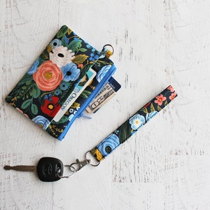 Cartera de mujer con diseño floral azul - Cartera con cremallera - Llavero - Estuche - Cordón corto para la muñeca - Estuche para DNI
