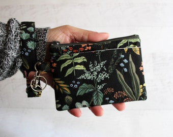 Black ID case - gift ideas for her - Rifle paper co ID / mini wristlet wallet - black floral bag