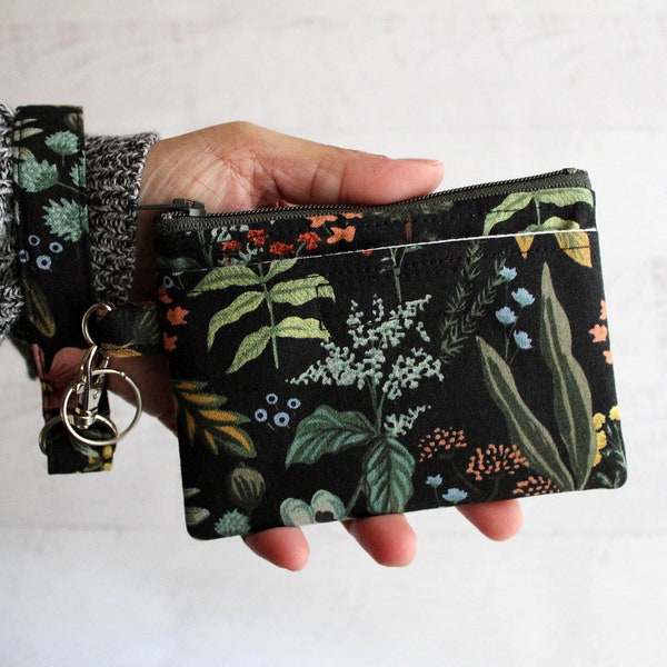 Black ID case - gift ideas for her - Rifle paper co ID / mini wristlet wallet - black floral bag